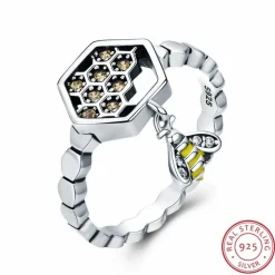 Honeycomb and Bee Jewelry Sterling Silver Ring