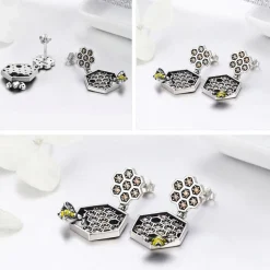 Honeycomb and Bee Sterling Silver Earrings