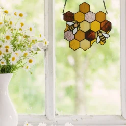 Honeycomb Bees Stained Glass Window Panel