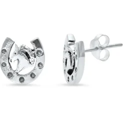 Horse Head in a Horseshoe Sterling Silver Post Earrings