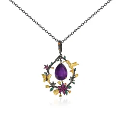 Hummingbird Floral Statement Necklace 925 Sterling Silver Waterproof Vintage Topaz, Amethyst or Citrine