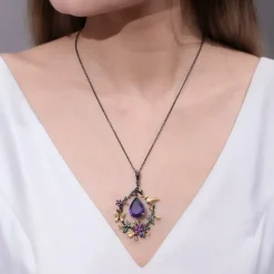 Hummingbird Floral Statement Necklace 925 Sterling Silver Waterproof Vintage Topaz, Amethyst or Citrine