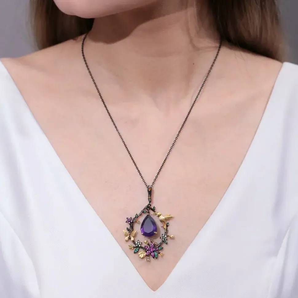Hummingbird Floral Statement Necklace 925 Sterling Silver Waterproof Vintage Topaz, Amethyst or Citrine