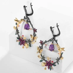 Hummingbird Floral Statement Necklace 925 Sterling Silver Waterproof Vintage Topaz, Amethyst or Citrine