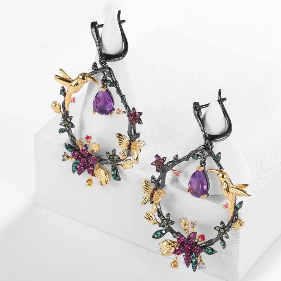 Hummingbird Floral Statement Necklace 925 Sterling Silver Waterproof Vintage Topaz, Amethyst or Citrine