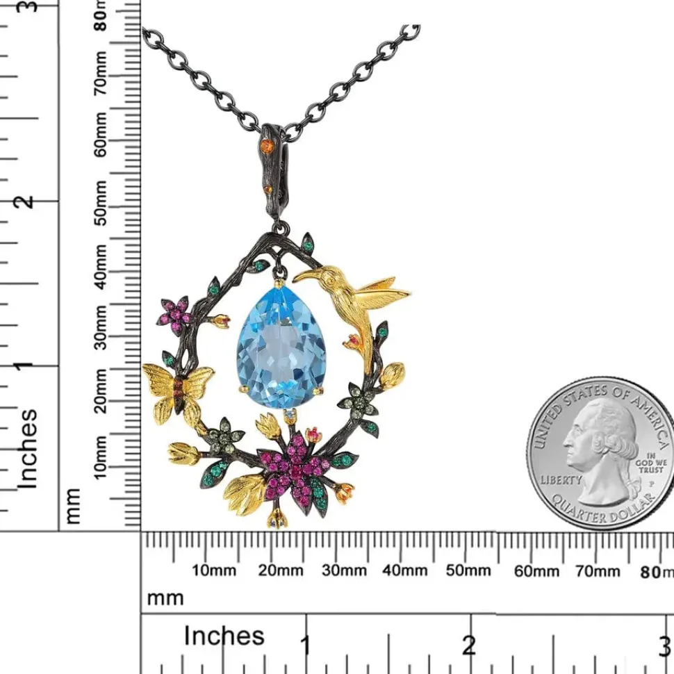 Hummingbird Floral Statement Necklace 925 Sterling Silver Waterproof Vintage Topaz, Amethyst or Citrine