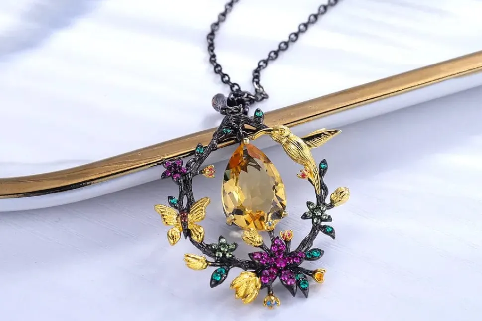 Hummingbird Floral Statement Necklace 925 Sterling Silver Waterproof Vintage Topaz, Amethyst or Citrine