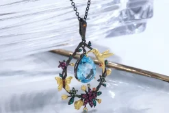 Hummingbird Floral Statement Necklace 925 Sterling Silver Waterproof Vintage Topaz, Amethyst or Citrine