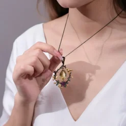 Hummingbird Floral Statement Necklace 925 Sterling Silver Waterproof Vintage Topaz, Amethyst or Citrine