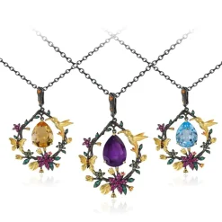 Hummingbird Floral Statement Necklace 925 Sterling Silver Waterproof Vintage Topaz, Amethyst or Citrine