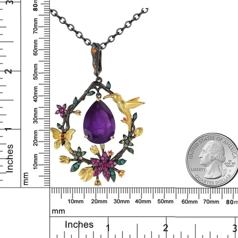 Hummingbird Floral Statement Necklace 925 Sterling Silver Waterproof Vintage Topaz, Amethyst or Citrine