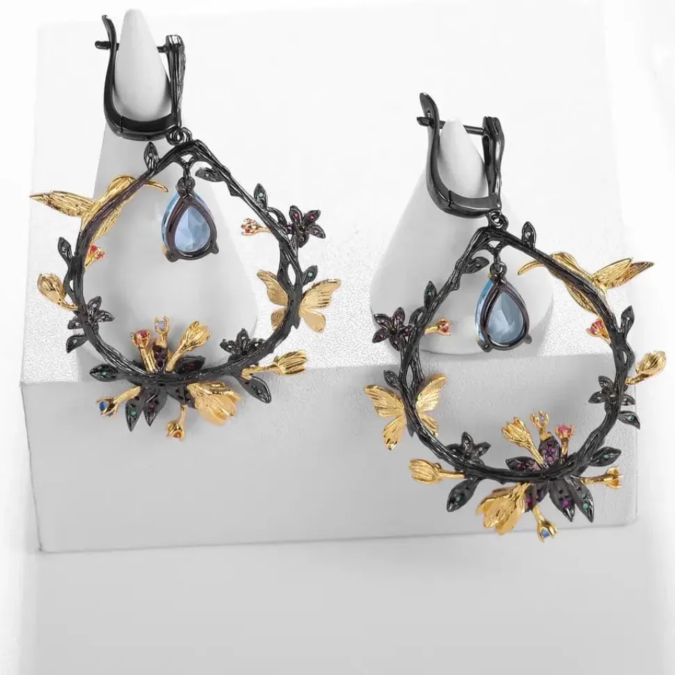 Hummingbird Floral Statement Necklace 925 Sterling Silver Waterproof Vintage Topaz, Amethyst or Citrine