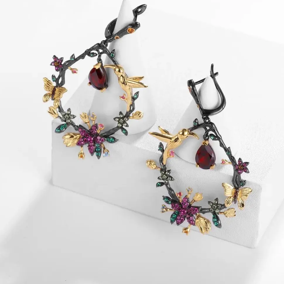 Hummingbird Floral Statement Necklace 925 Sterling Silver Waterproof Vintage Topaz, Amethyst or Citrine