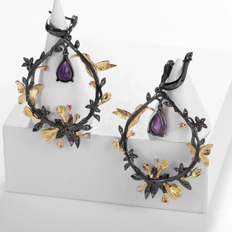 Hummingbird Floral Statement Necklace 925 Sterling Silver Waterproof Vintage Topaz, Amethyst or Citrine