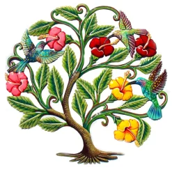 HUMMINGBIRDS AND HIBISCUS FLOWERS PAINTED HAITIAN METAL DRUM WALL ART, 24"