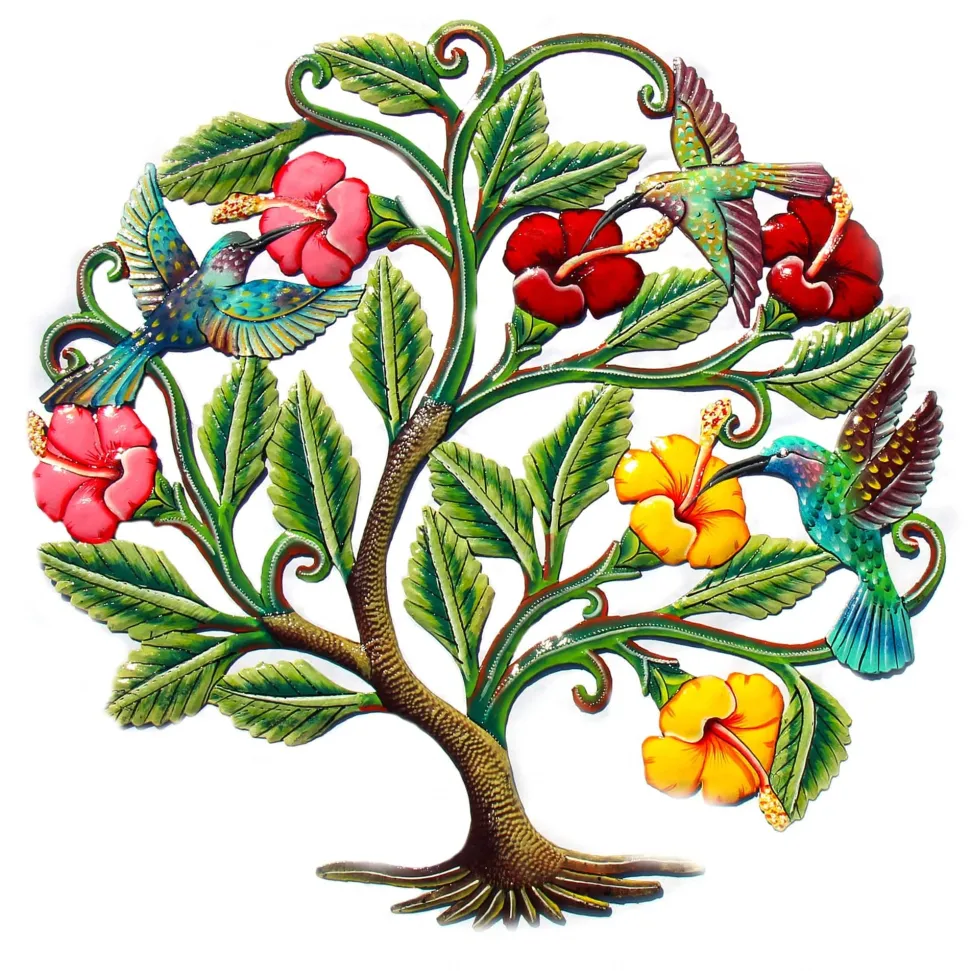 HUMMINGBIRDS AND HIBISCUS FLOWERS PAINTED HAITIAN METAL DRUM WALL ART, 24"