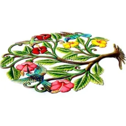 HUMMINGBIRDS AND HIBISCUS FLOWERS PAINTED HAITIAN METAL DRUM WALL ART, 24"
