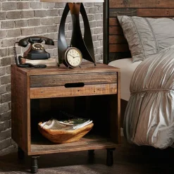 Industrial Rustic Wood Nighstand with Drawer and Storage Solid Wood