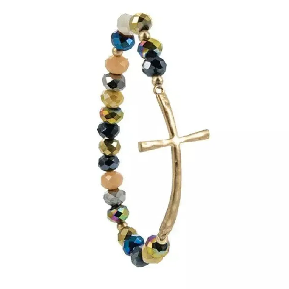 Inspirational Cross Stretch Bracelet Silver or Gold Glass Beads Affordable