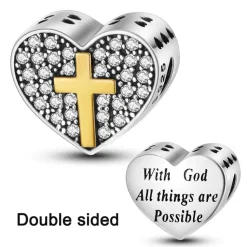 Inspirational Heart Charm with Cross & All Things are Possible Sterling Silver