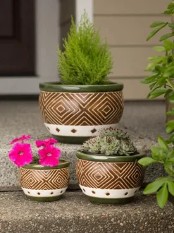 Jade & Sand Geometric Pattern Planter Pots Set of 3