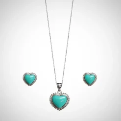 Jimmy Crystal Turquoise Heart Jewelry Set, Necklace & Earrings in Sterling Silver
