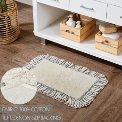 Kaila Ruffled Ticking Cream and Blue Country Farmhouse Bathmat