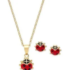 Ladybug Girl's Sterling Silver Earring & Necklace Set