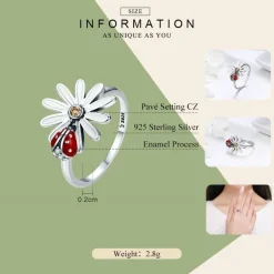Ladybug on a Daisy Sterling Silver Ring, Earrings, Charm