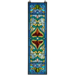 Lani Blue Victorian Stained Glass Window Panel 36"H