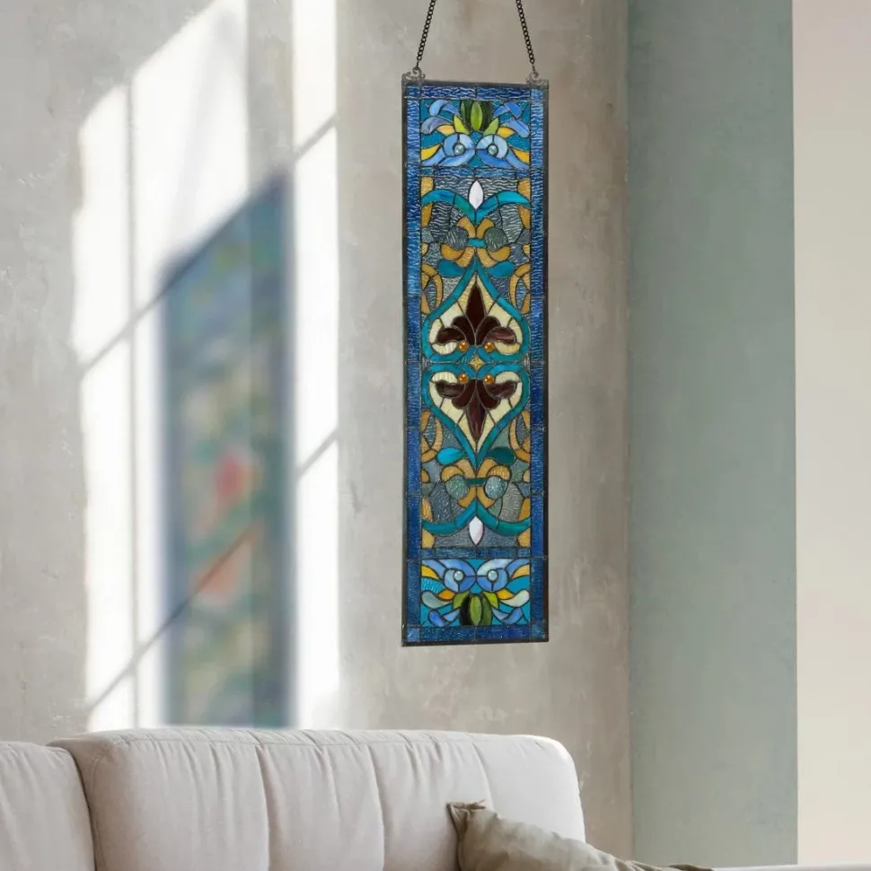 Lani Blue Victorian Stained Glass Window Panel 36"H