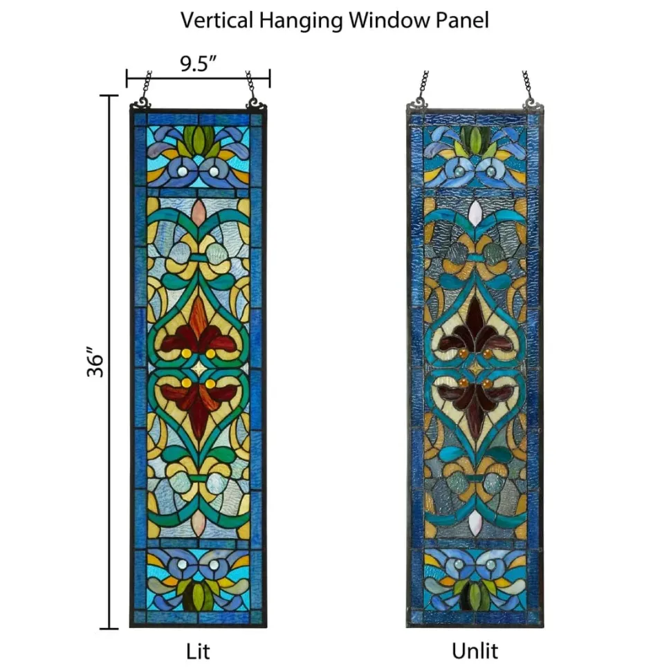 Lani Blue Victorian Stained Glass Window Panel 36"H
