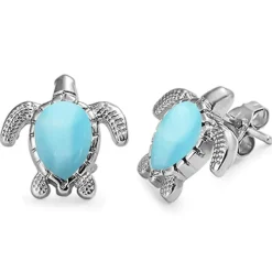 Larimar or Created Opal Sea Turtle Post or Hook Earrings 925 Sterling Silver
