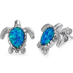 Larimar or Created Opal Sea Turtle Post or Hook Earrings 925 Sterling Silver