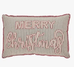 Merry Christmas Farmhouse Striped Embroidered Throw Pillow