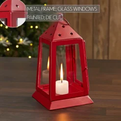 Metal & Glass Farmhouse Lantern Barn Red Tealight Holder 9x5x5