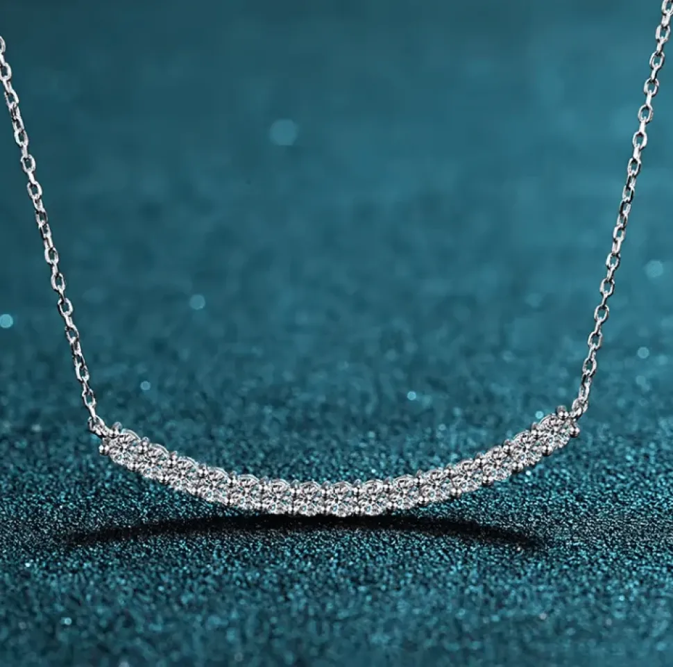 Moissanite Diamond Curved Bar Necklace .9ctw Sterling SIlver