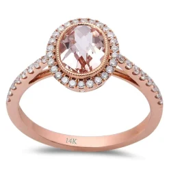 Morganite and Diamond Halo Ring Classic Design 14K Rose Gold