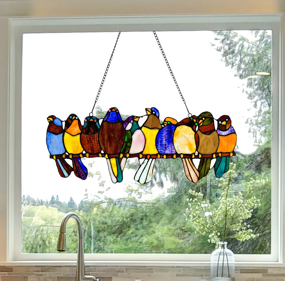 Multicolor Birds Stained Glass Window Panel