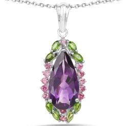 Multi-Gemstone Pendant Sterling Silver-Unique! Amethyst, Garnet, Diopside