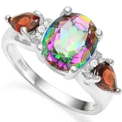 Mystic Topaz Oval 3.2ctw and Pear Garnet with Diamonds in Sterling Silver