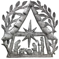 NATIVITY SCENE WITH BRANCHES HAITIAN METAL DRUM WALL ART (11" X 11")
