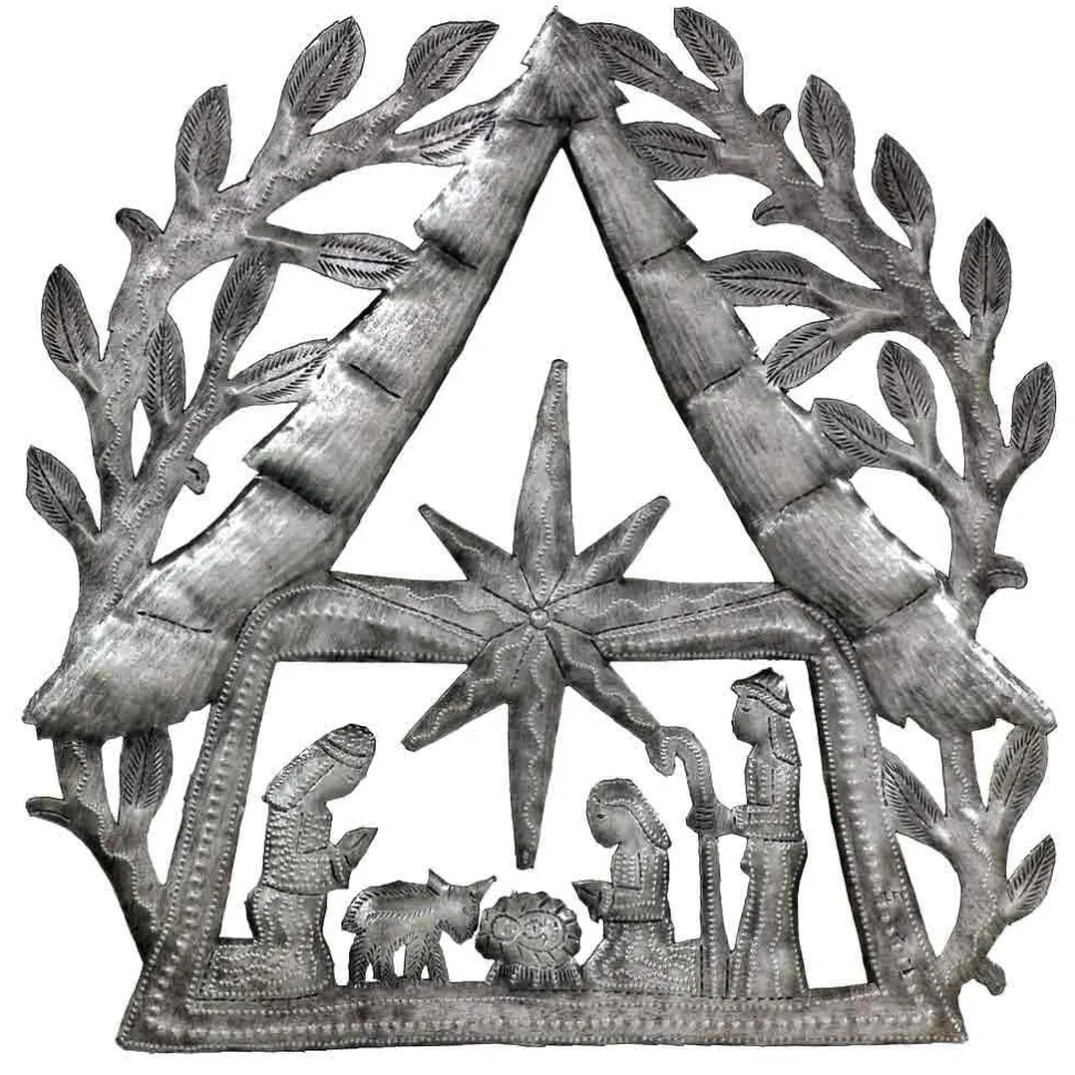 NATIVITY SCENE WITH BRANCHES HAITIAN METAL DRUM WALL ART (11" X 11")