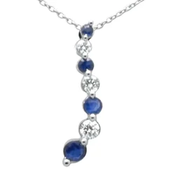 Natural Diamond and Blue Sapphire Journey Pendant Necklace 18" Long Chain .42ct G SI 14K White Gold