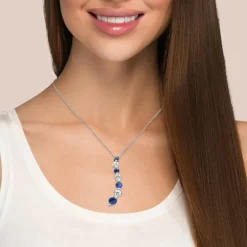 Natural Diamond and Blue Sapphire Journey Pendant Necklace 18" Long Chain .42ct G SI 14K White Gold