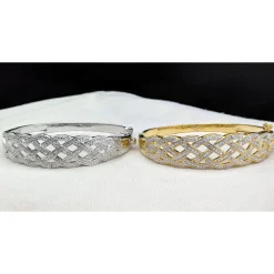 Natural Diamond Basket Weave Gold Plated Bangle Bracelet with REAL Diamonds! Very Affordable!