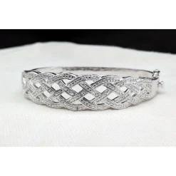 Natural Diamond Basket Weave Gold Plated Bangle Bracelet with REAL Diamonds! Very Affordable!
