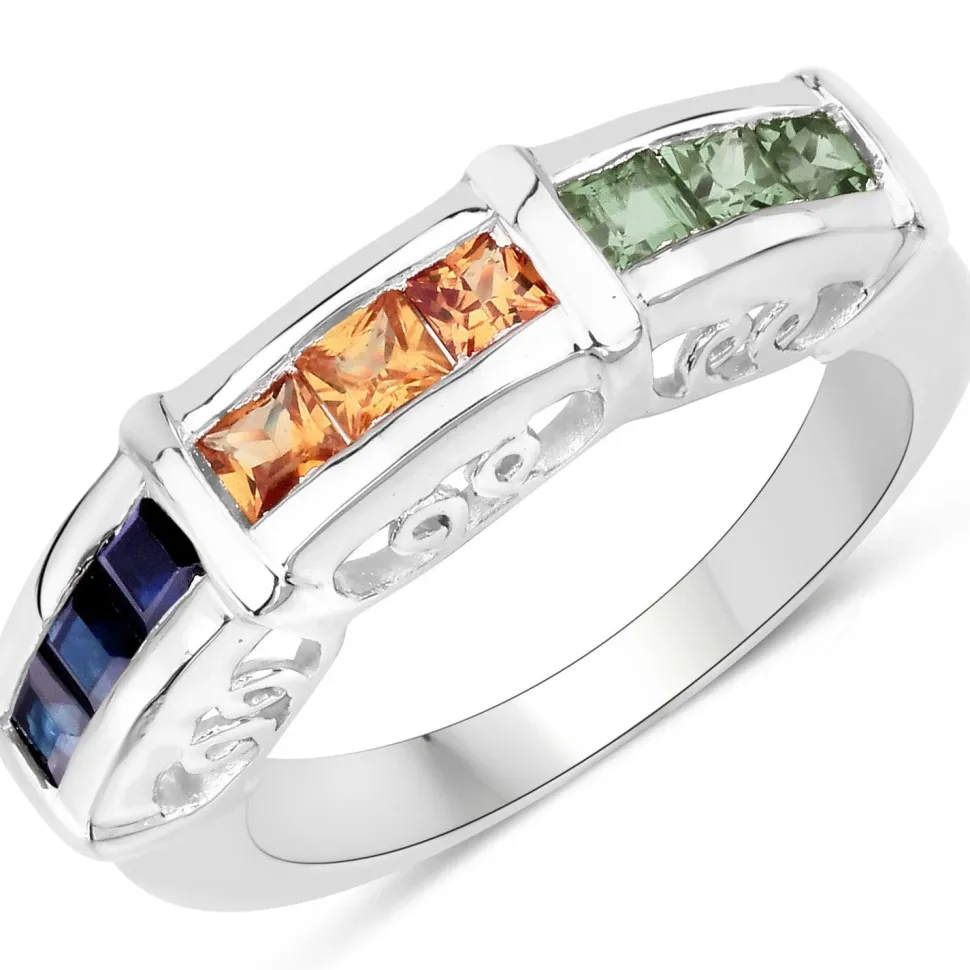Natural Sapphire Sterling Silver Ring Channel Set Multi Colored Sapphires