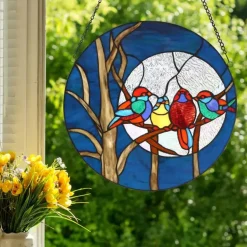 NEW Blue Birds in a Night Sky Stained Glass Window Panel