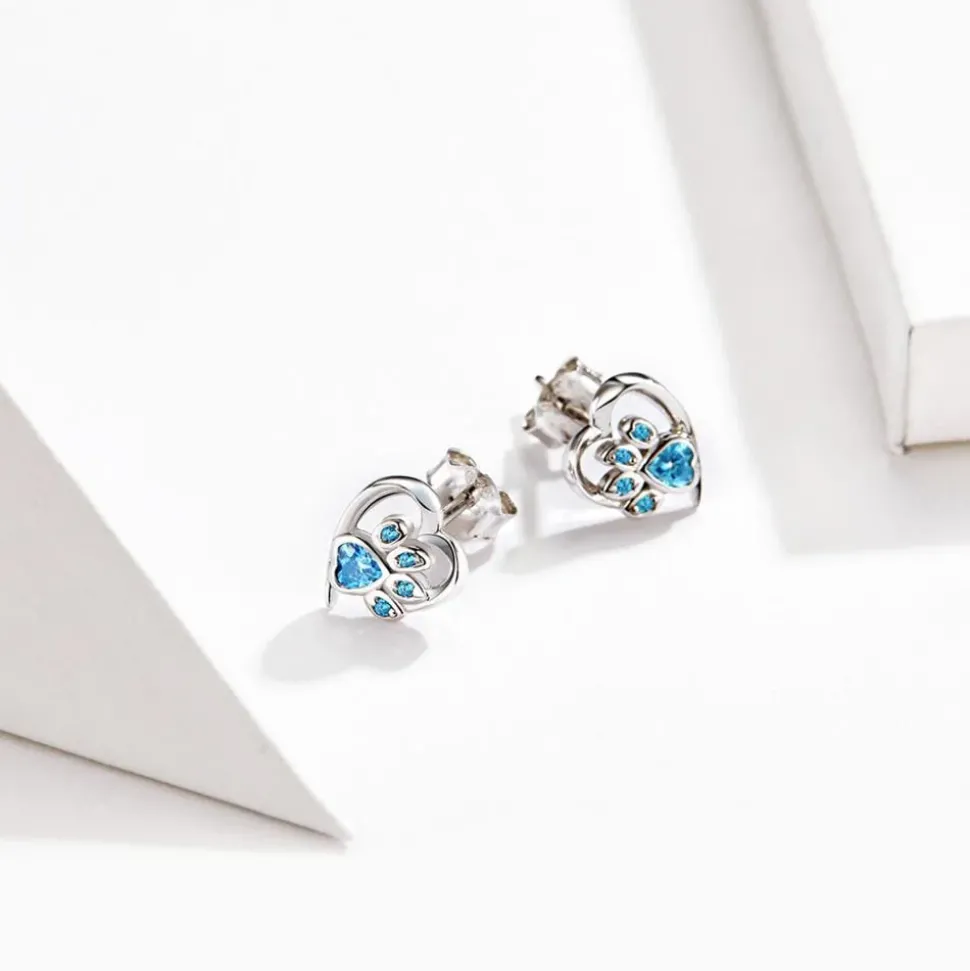 Paw earrings with CZ Paw and Heart in Sterling Silver-for Pet Lovers!
